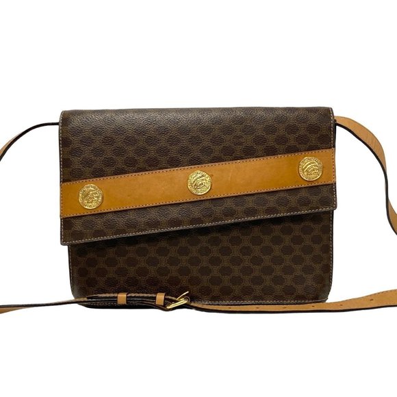 CELINE Vintage Macadam Blason Triomphe Medal Motif Leather Shoulder Bag, Brow... - Picture 1 of 9
